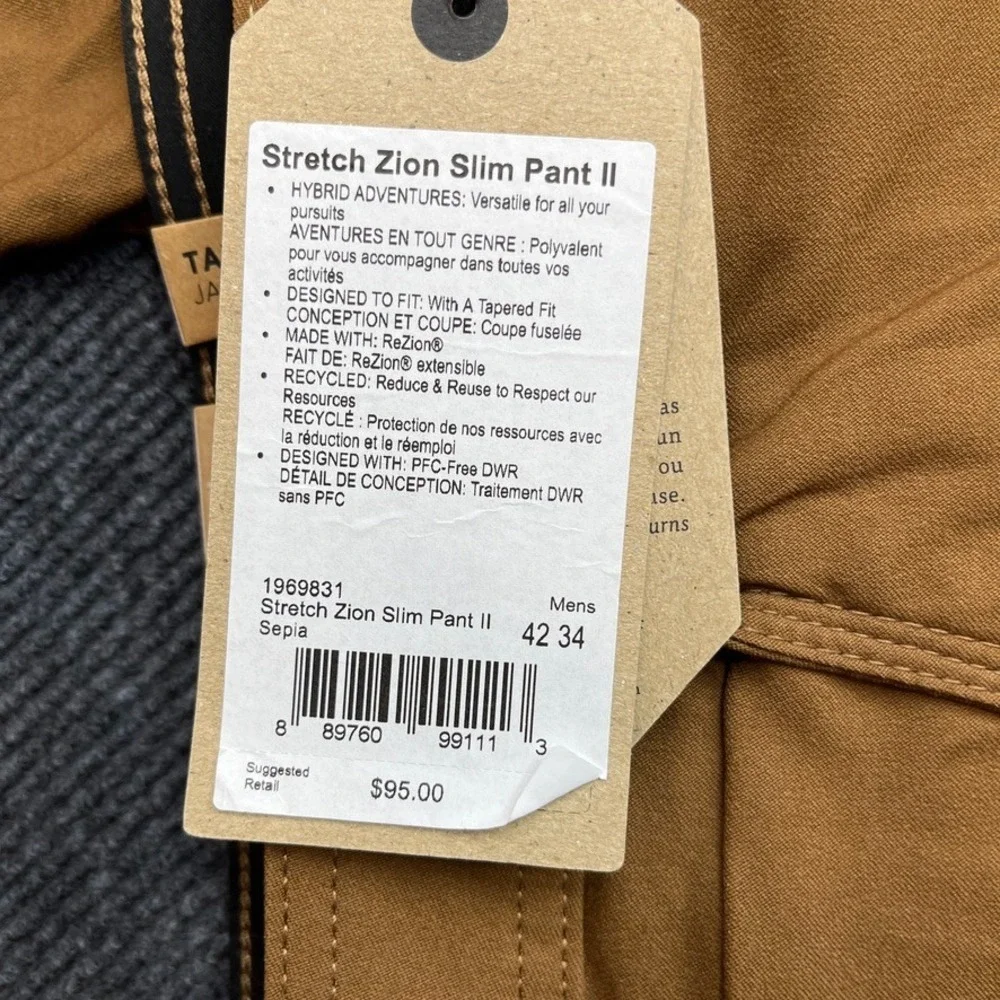 prAna Stretch Zion Slim Pant II Mens 42x34 Sepia Tan Hiking Cargo Pants NWT
